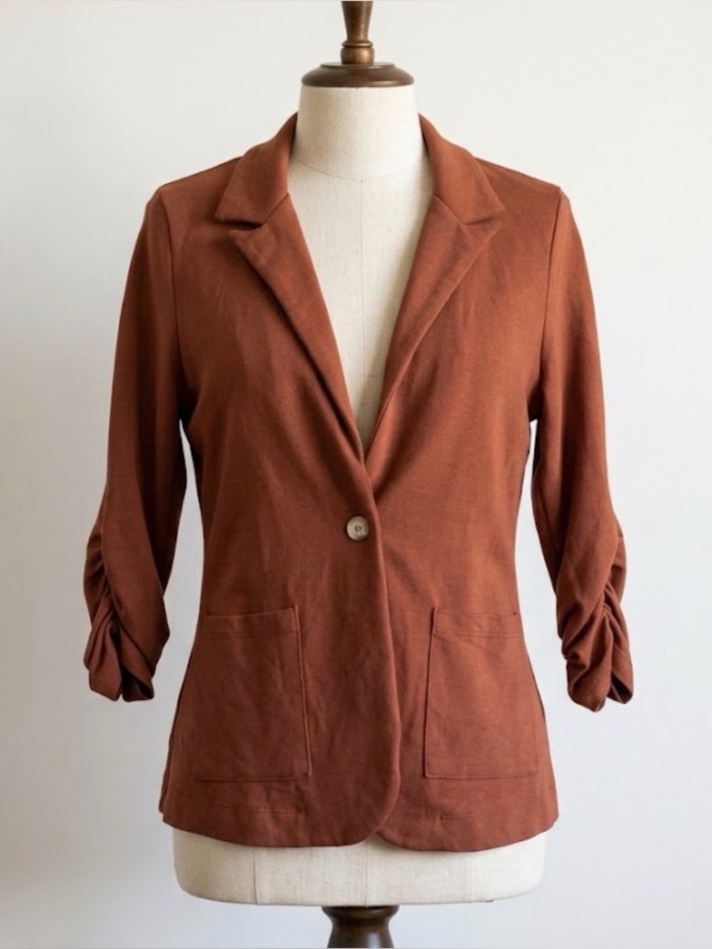 Rust Orange Ruched Sleeve Women's Blazer Jacket Autumn Business Casual Office M